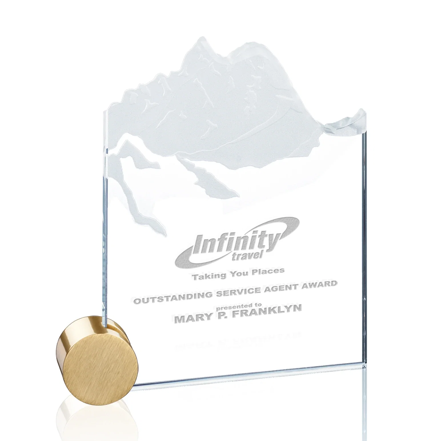 Custom Starfire Crystal Award with Mountain Relief on Aluminum Corner Disk for corporate award ceremonies