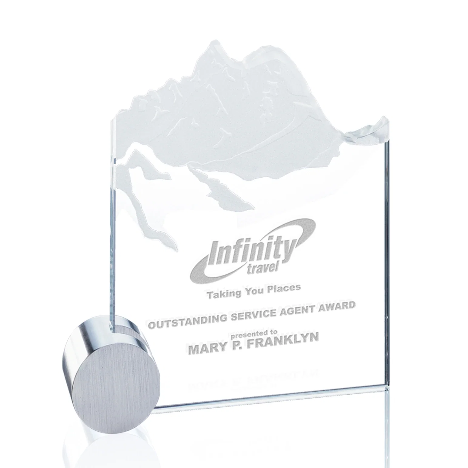 Custom Starfire Crystal Award with Mountain Relief on Aluminum Corner Disk for service anniversary gifts