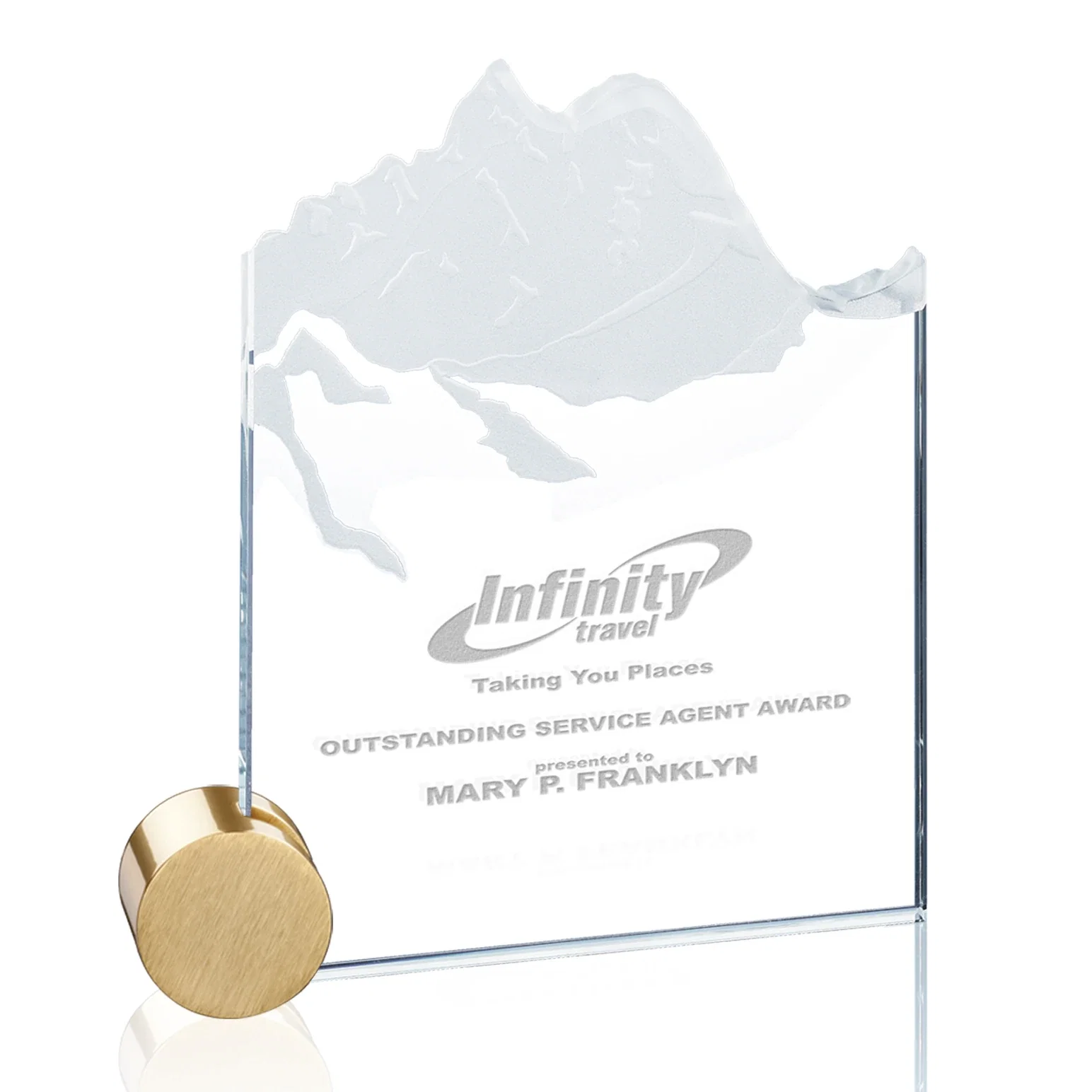 Custom Starfire Crystal Award with Mountain Relief on Aluminum Corner Disk for sales achievement awards