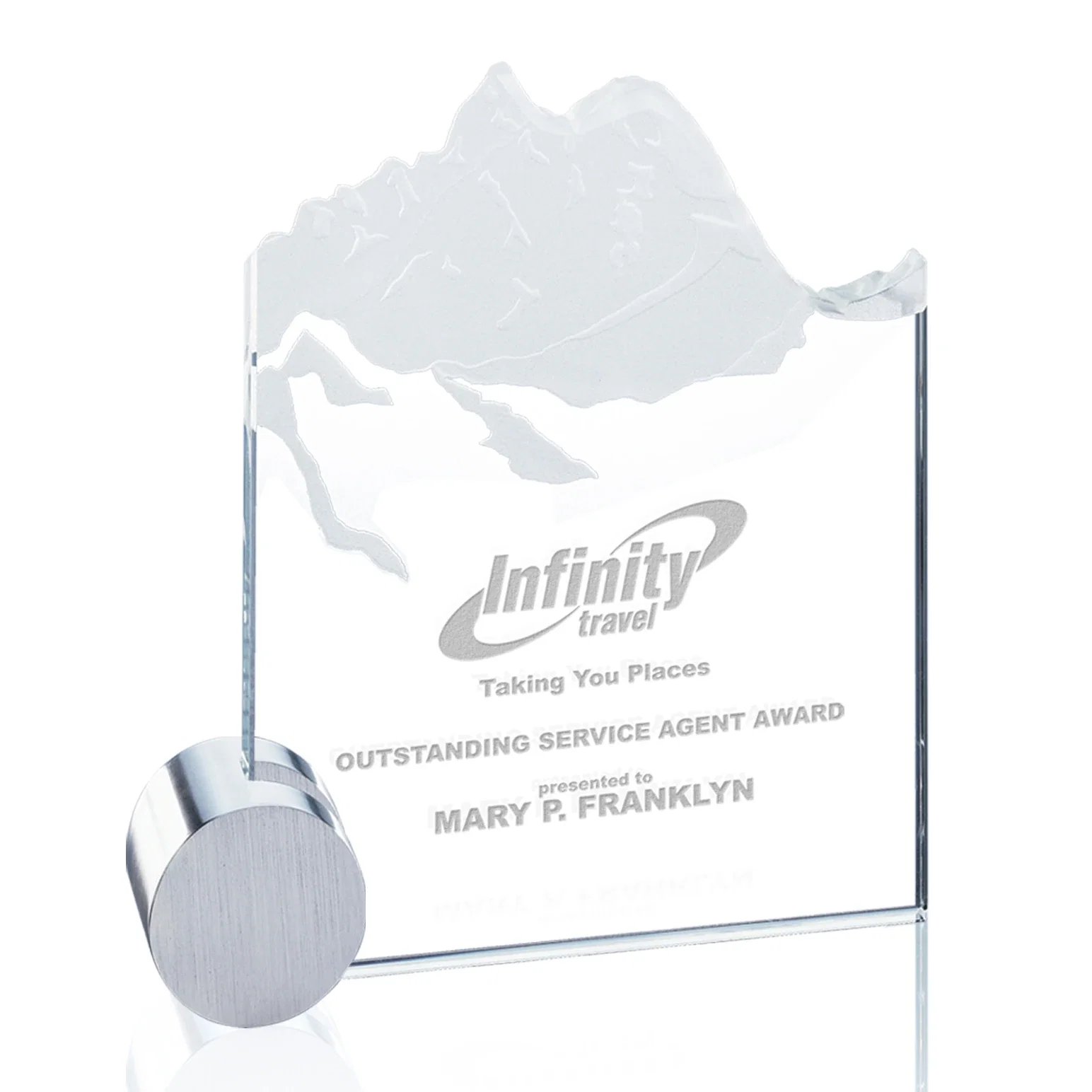 Custom Starfire Crystal Award with Mountain Relief on Aluminum Corner Disk for retirement presentations