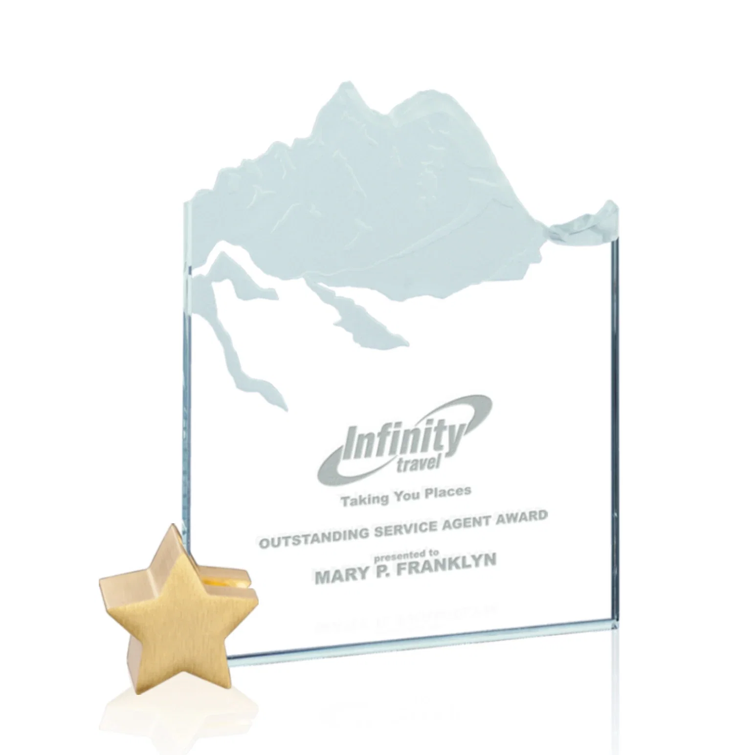 Custom Jade Glass Award With Mountain Relief On An Aluminum Star Base for corporate award ceremonies