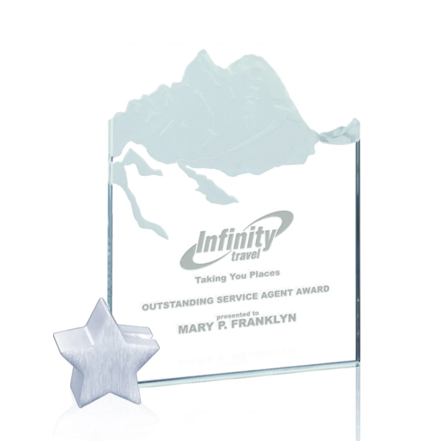 Custom Jade Glass Award With Mountain Relief On An Aluminum Star Base for service anniversary gifts