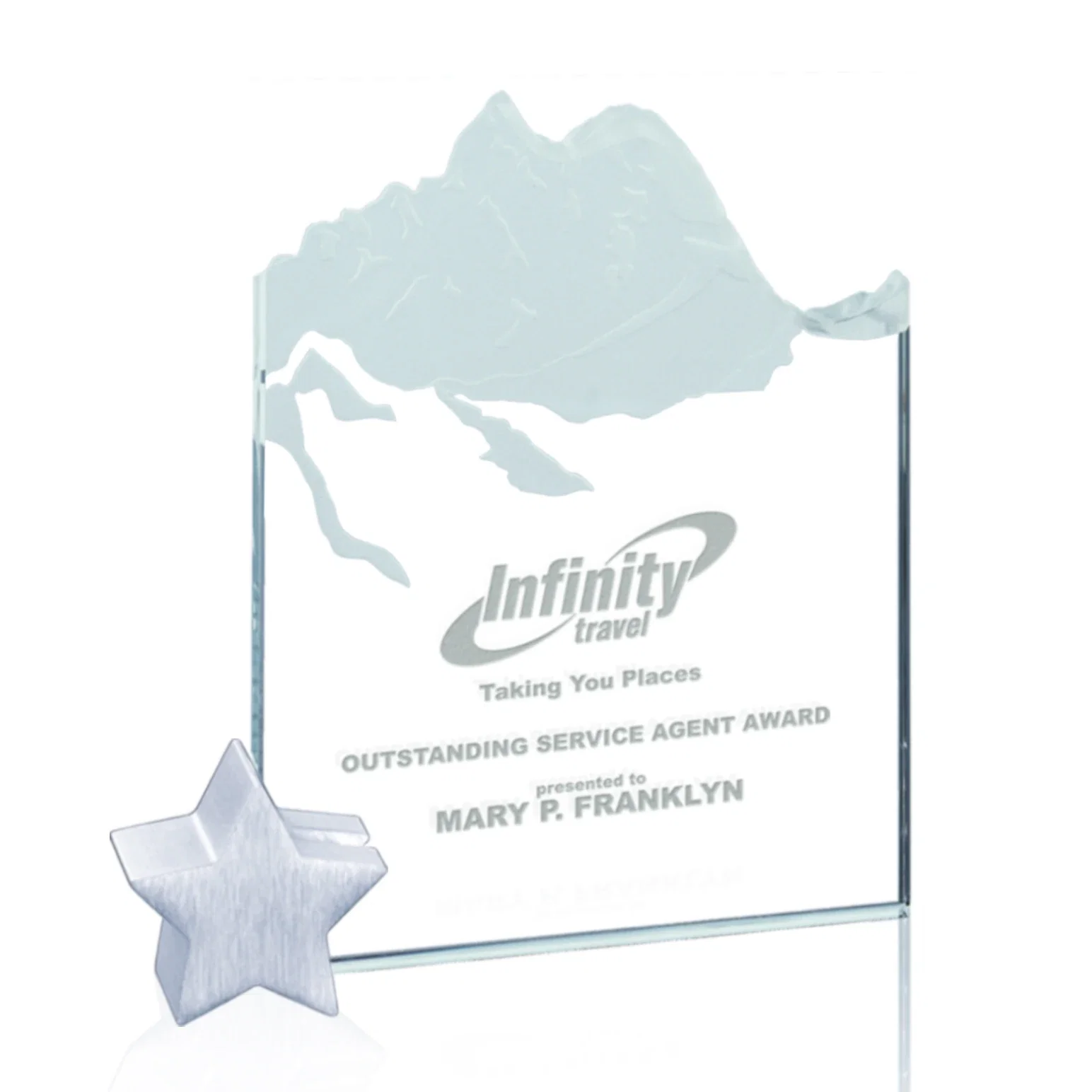 Custom Jade Glass Award With Mountain Relief On An Aluminum Star Base for retirement presentations
