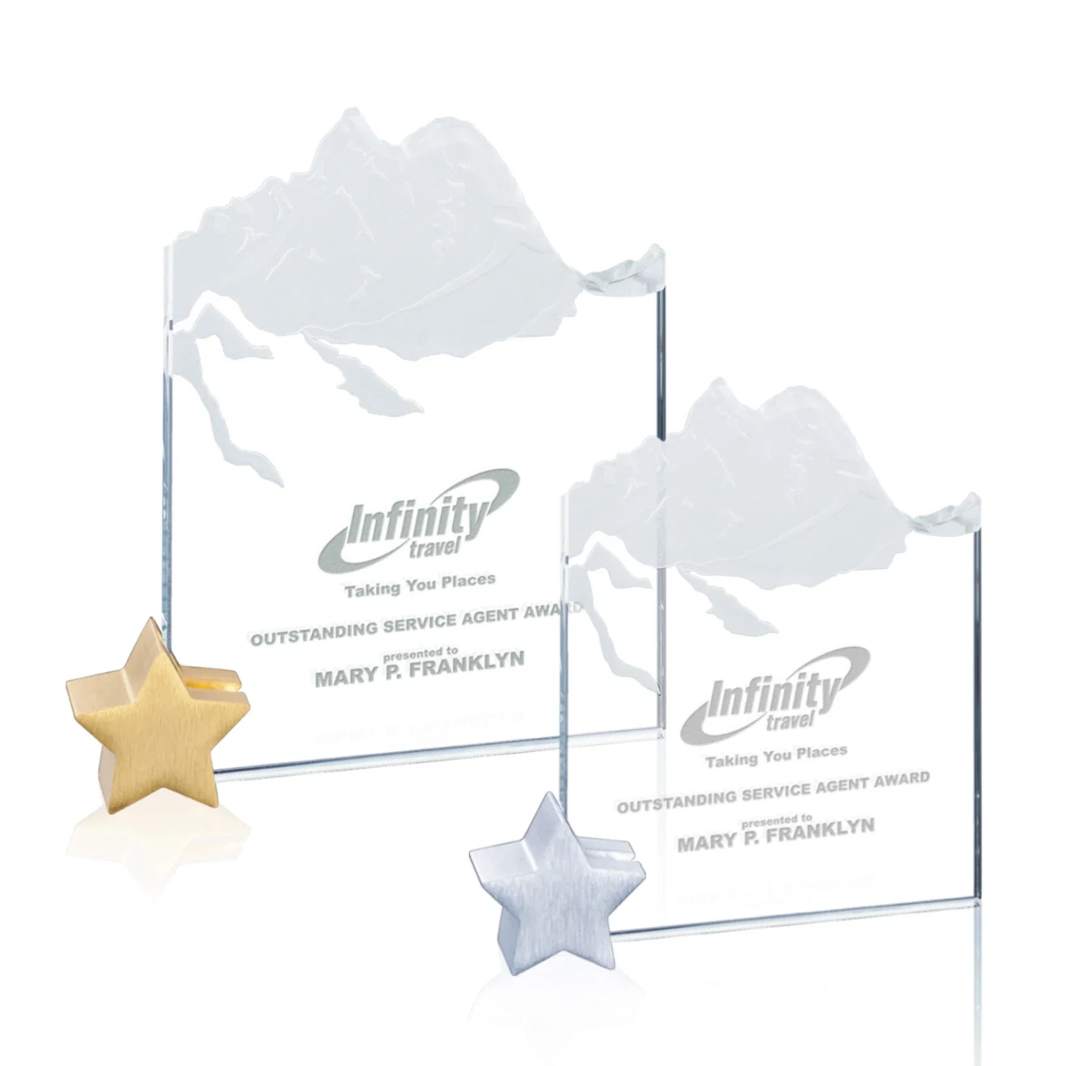 Custom Starfire Crystal Award with Mountain Relief on Aluminum Star Holder for employee recognition