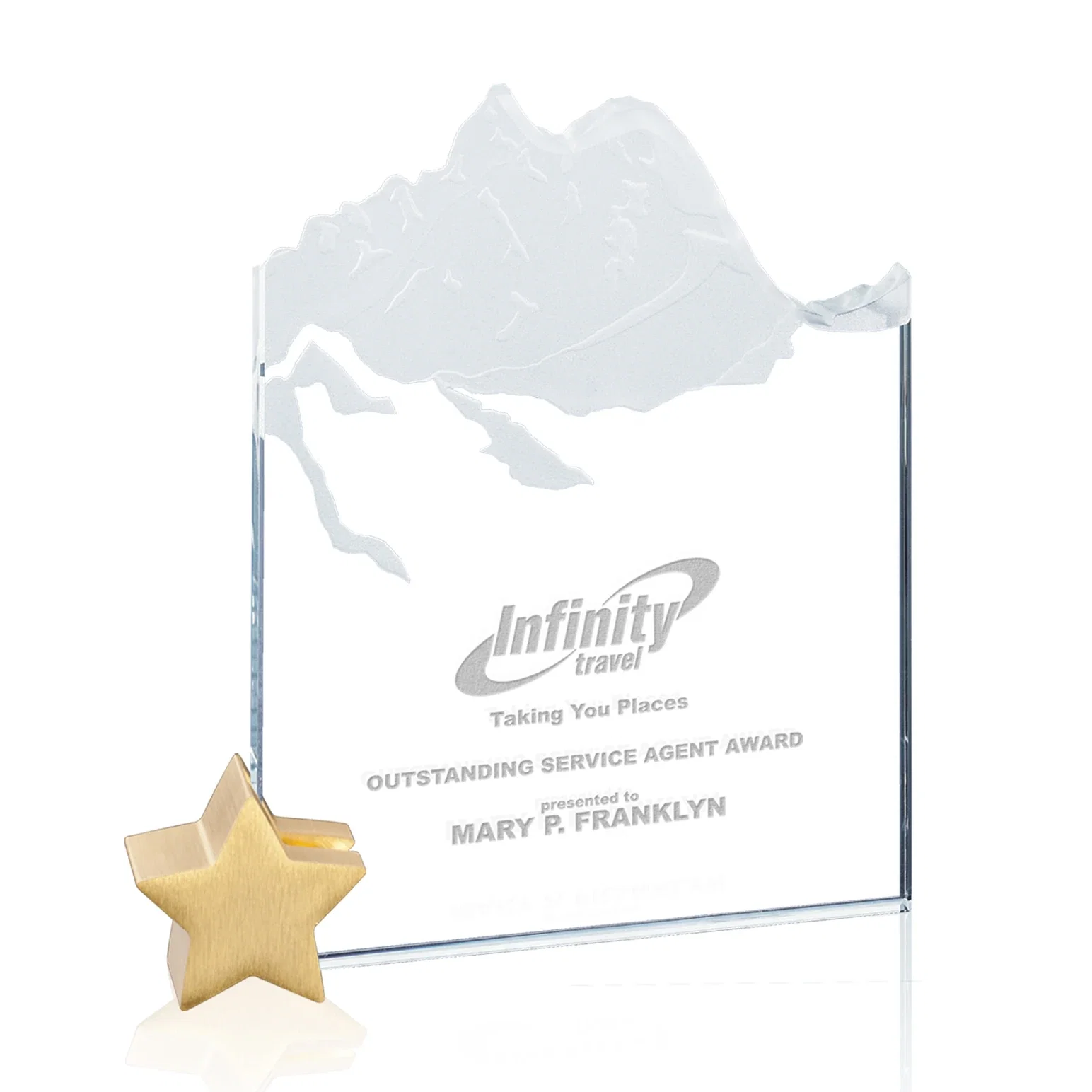 Custom Starfire Crystal Award with Mountain Relief on Aluminum Star Holder for corporate award ceremonies