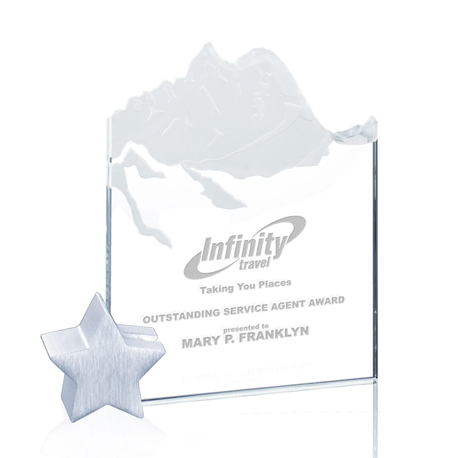 Custom Starfire Crystal Award with Mountain Relief on Aluminum Star Holder for service anniversary gifts