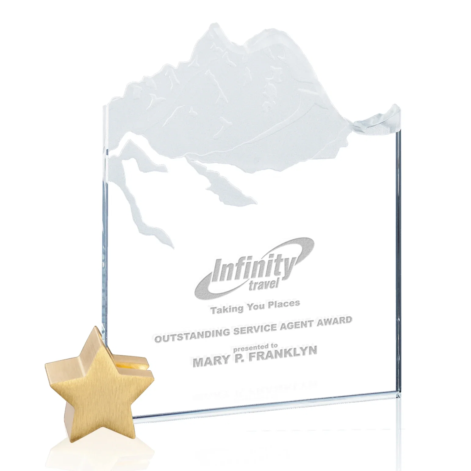 Custom Starfire Crystal Award with Mountain Relief on Aluminum Star Holder for sales achievement awards