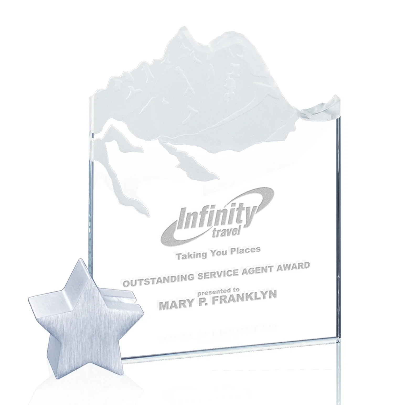 Custom Starfire Crystal Award with Mountain Relief on Aluminum Star Holder for retirement presentations