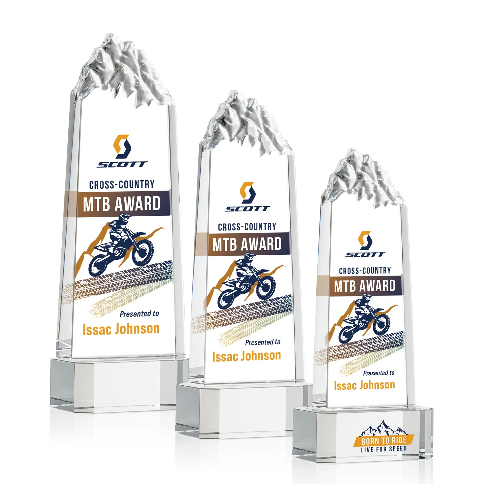 Personalized Crystal Mountain Peak Tower on a Base, Four Colors for retirement presentations