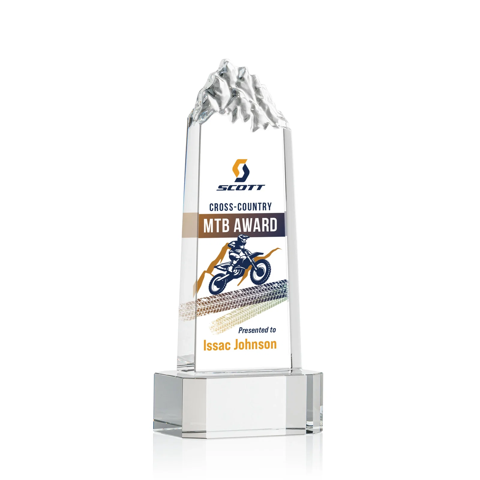 Personalized Crystal Mountain Peak Tower on a Base, Four Colors for team milestone celebrations