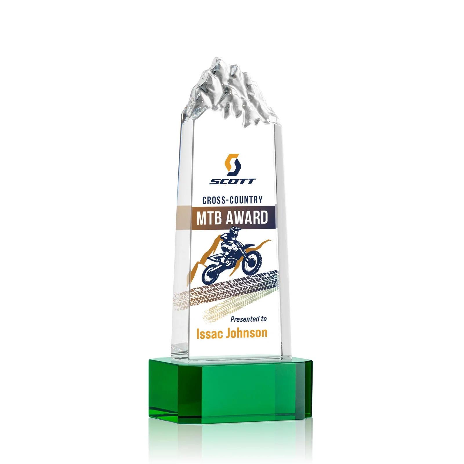 Personalized Crystal Mountain Peak Tower on a Base, Four Colors for volunteer appreciation