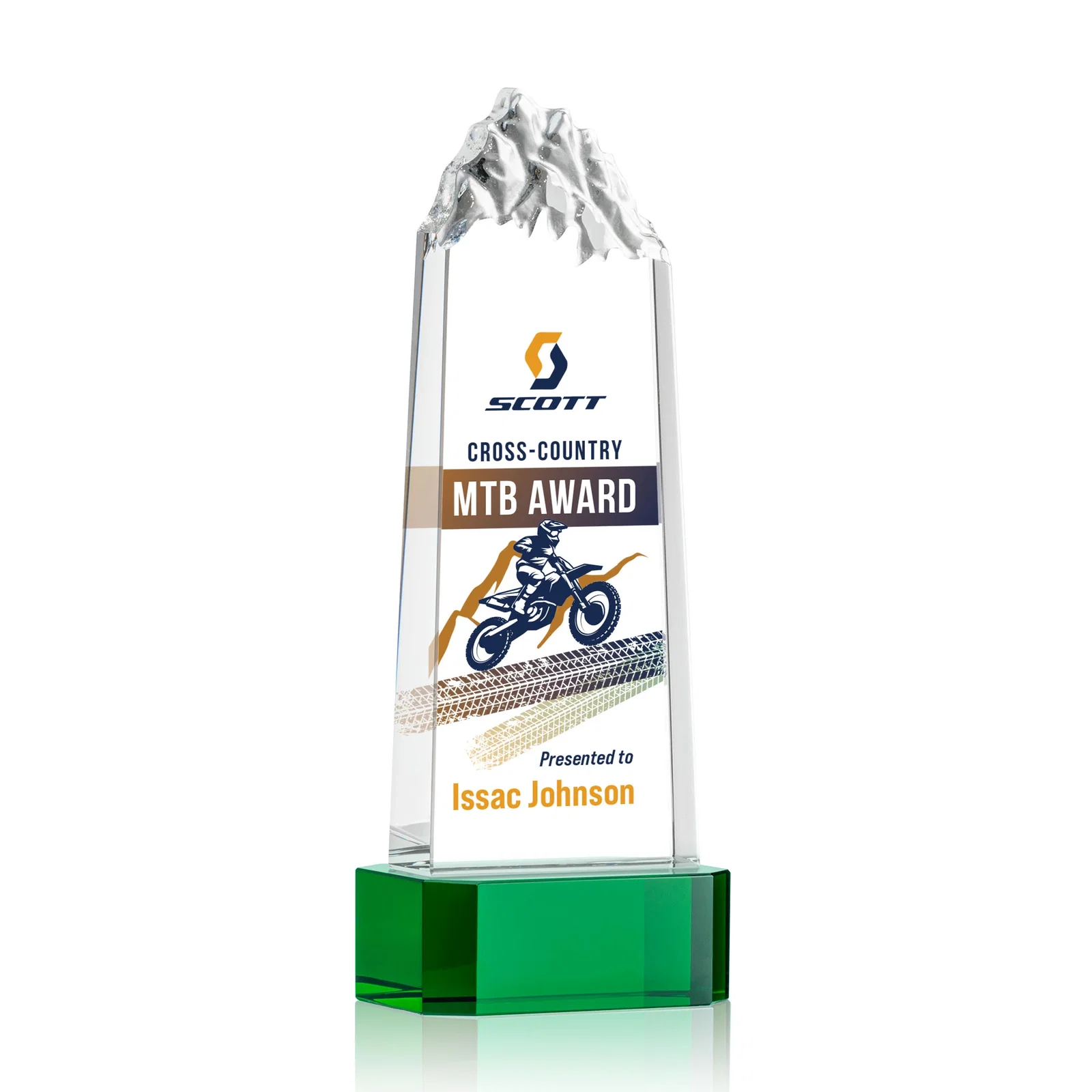 Personalized Crystal Mountain Peak Tower on a Base, Four Colors for dealer and partner awards