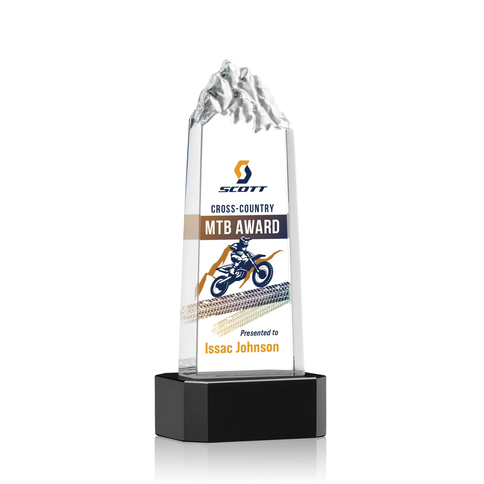 Promotional Crystal Mountain Peak Tower on a Base, Four Colors for corporate award ceremonies