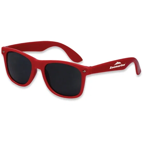 Hipster promotional sunglasses with plastic frames and gray UV400 lenses, front