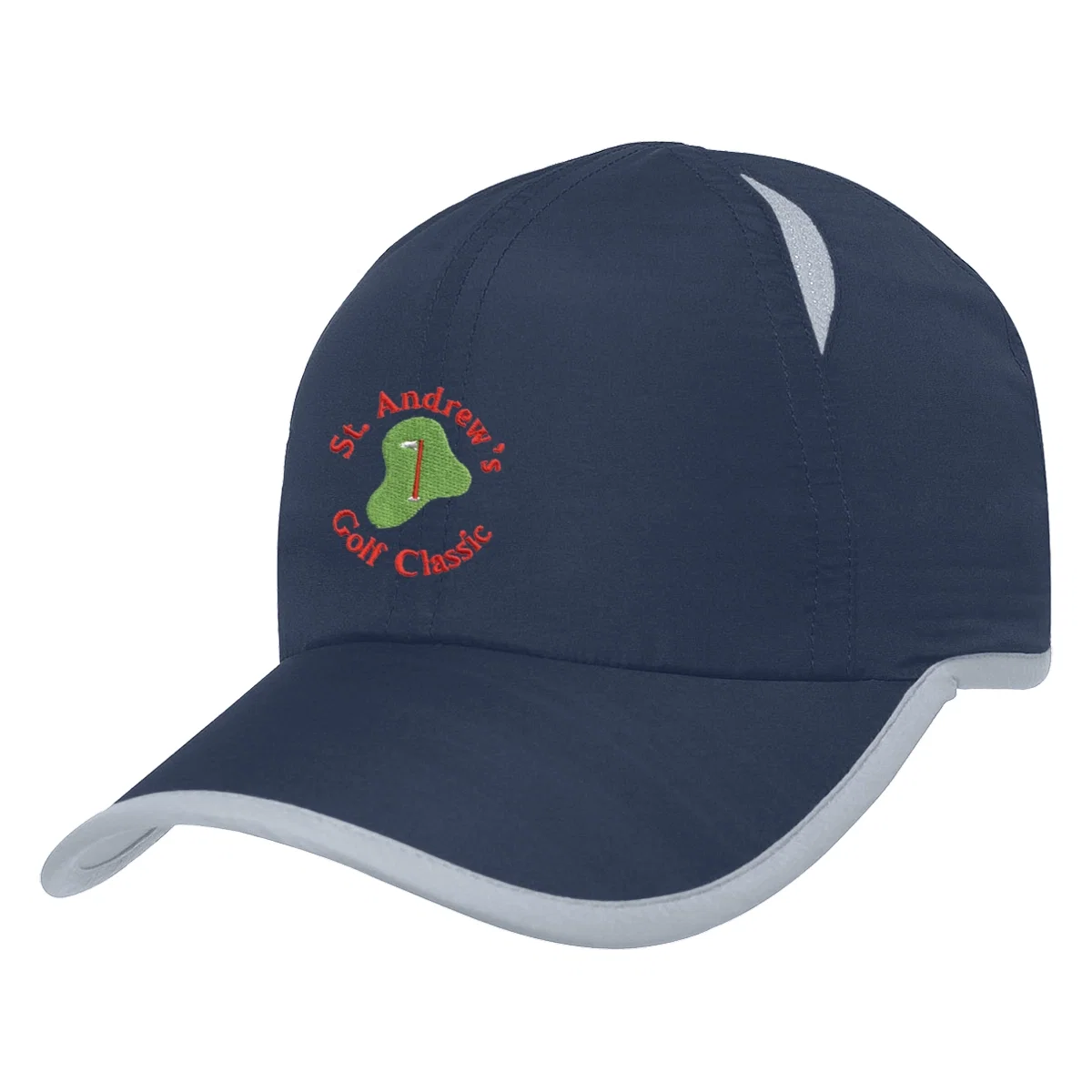 Black cap trimmed with contrasting piping along the panels