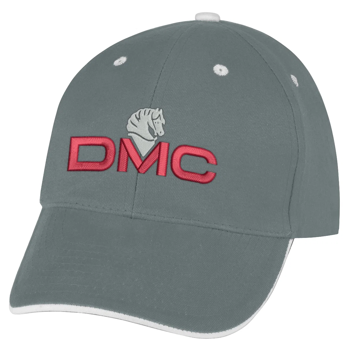 White hat trimmed in navy across the crown