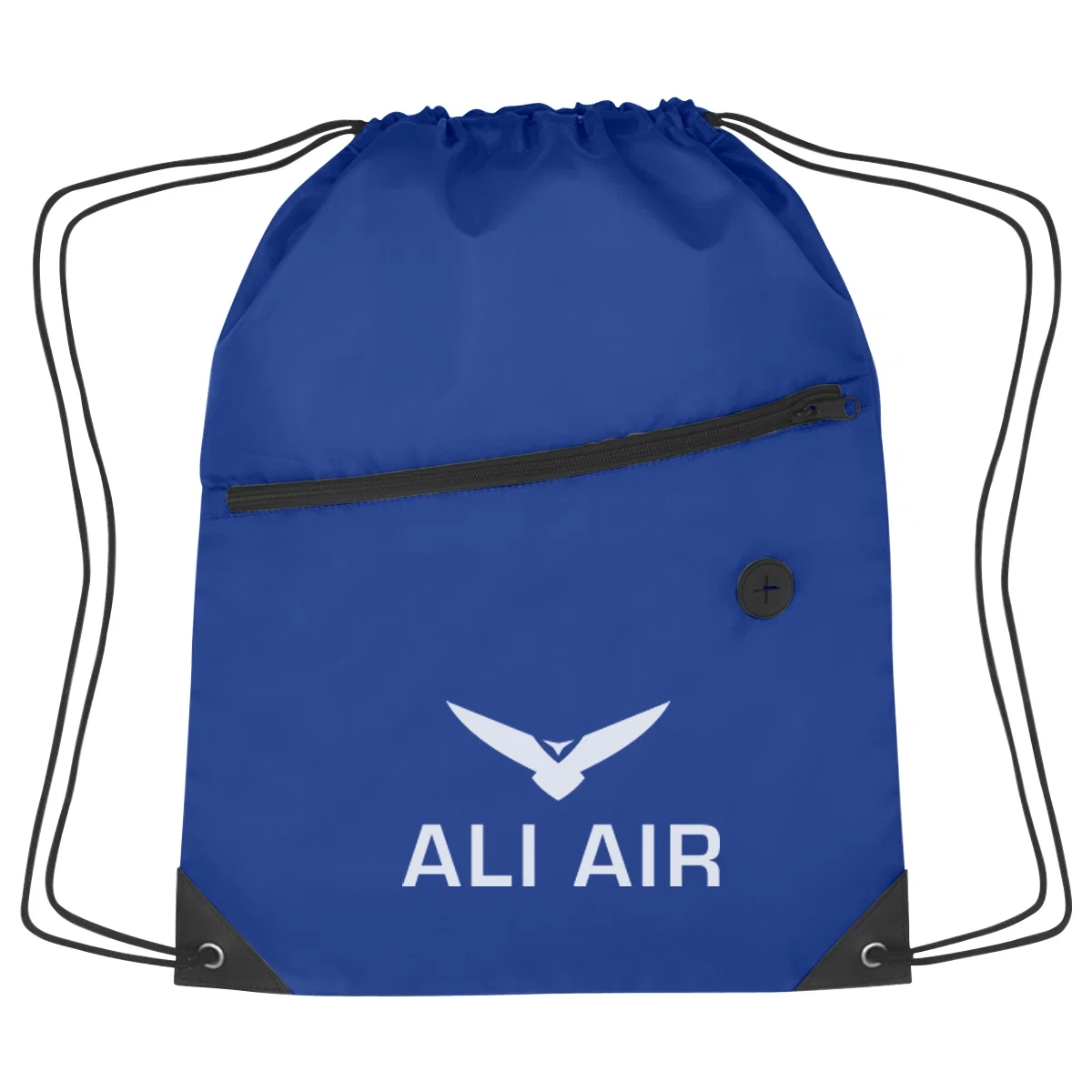 Drawstring sports pack with a zippered front pocket and cinch top