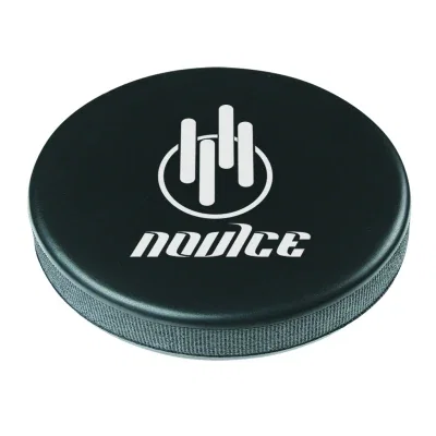 Black hockey puck shaped stress reliever shown from above