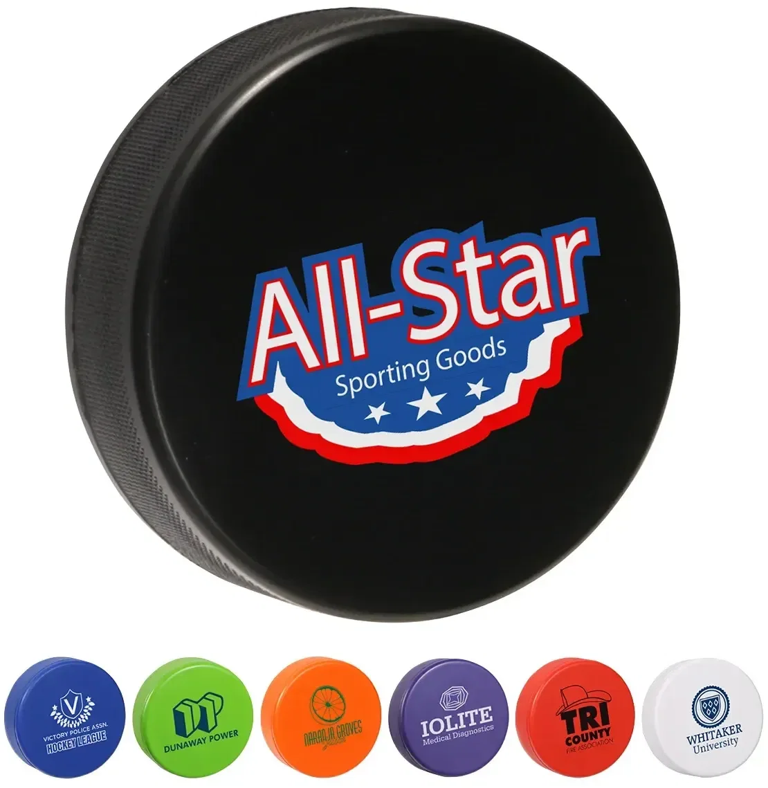 Hockey puck-shaped promotional stress ball with custom logo, hero front view