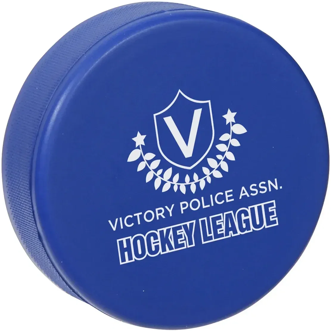 Custom branded hockey puck stress reliever squeeze toy, top view of imprint area