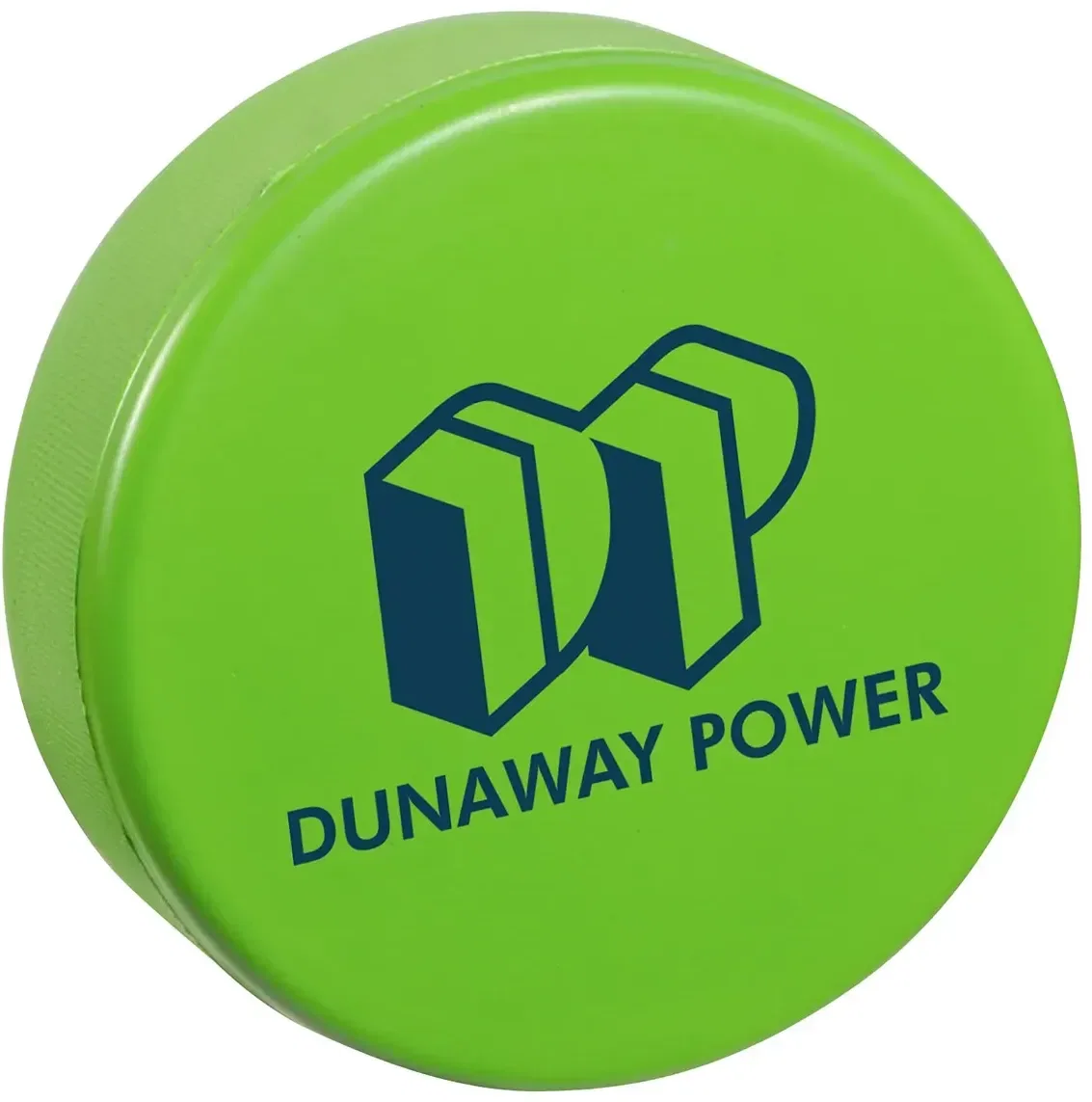 Hockey puck-shaped promotional squeeze toy with logo branding, side profile