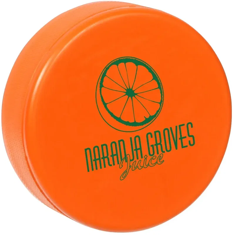 Branded hockey puck squeeze toy for custom logo giveaways, alternate angle