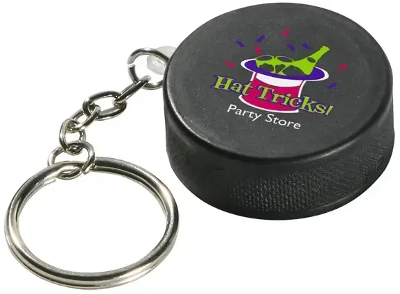 Hockey puck custom stress reliever keychain, branded puck squeeze toy with logo imprint, front view