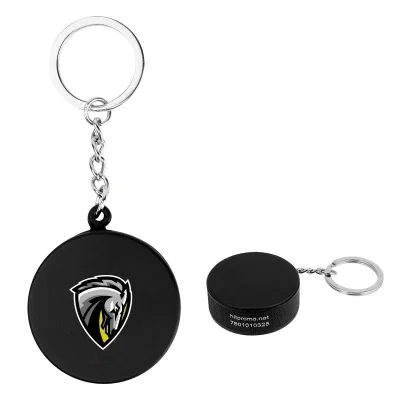 Hockey puck custom stress reliever keychain, branded puck squeeze toy with logo imprint, front view