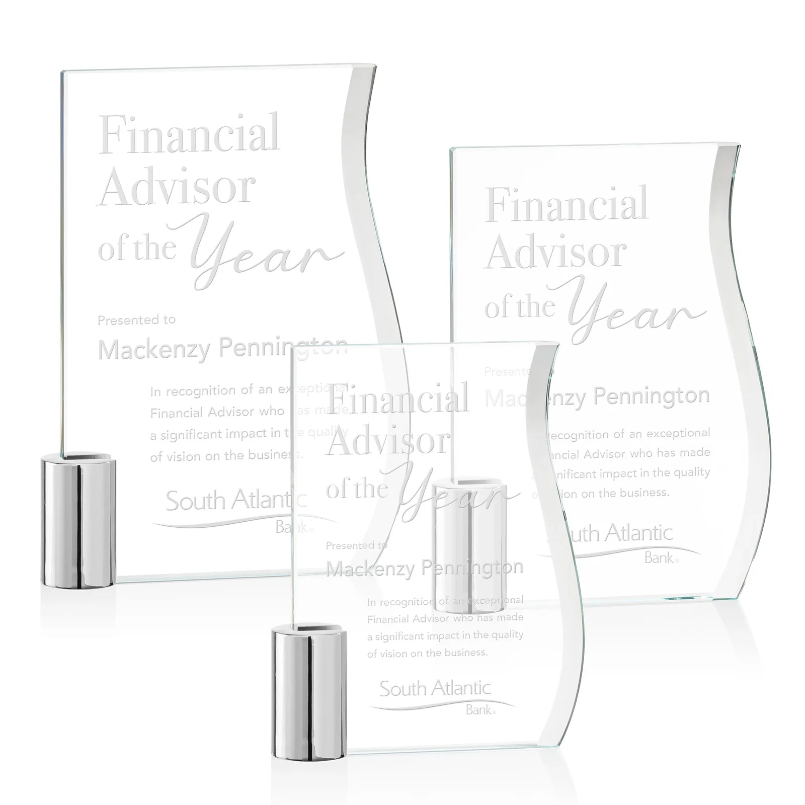 Custom Starfire Crystal Award with an S-Curved Beveled Edge, metal awards for employee recognition