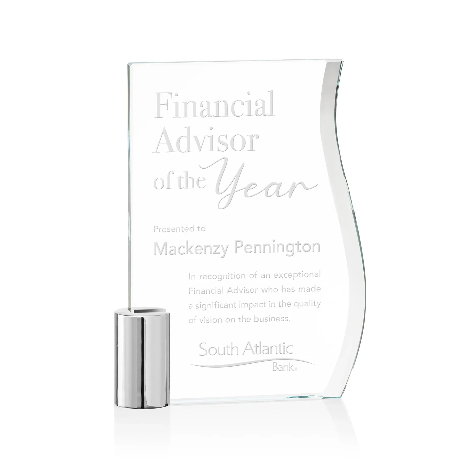 Custom Starfire Crystal Award with an S-Curved Beveled Edge, metal awards for service anniversary gifts