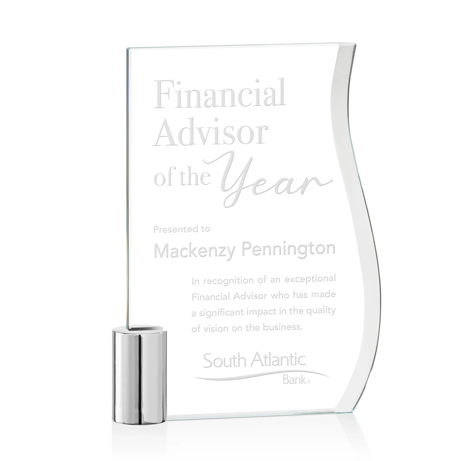 Custom Starfire Crystal Award with an S-Curved Beveled Edge, metal awards for sales achievement awards
