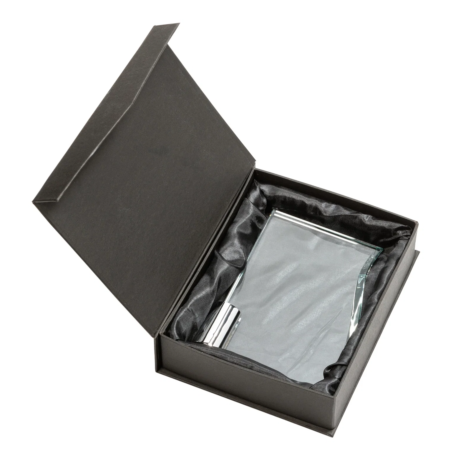 Custom Starfire Crystal Award with an S-Curved Beveled Edge, metal awards for retirement presentations