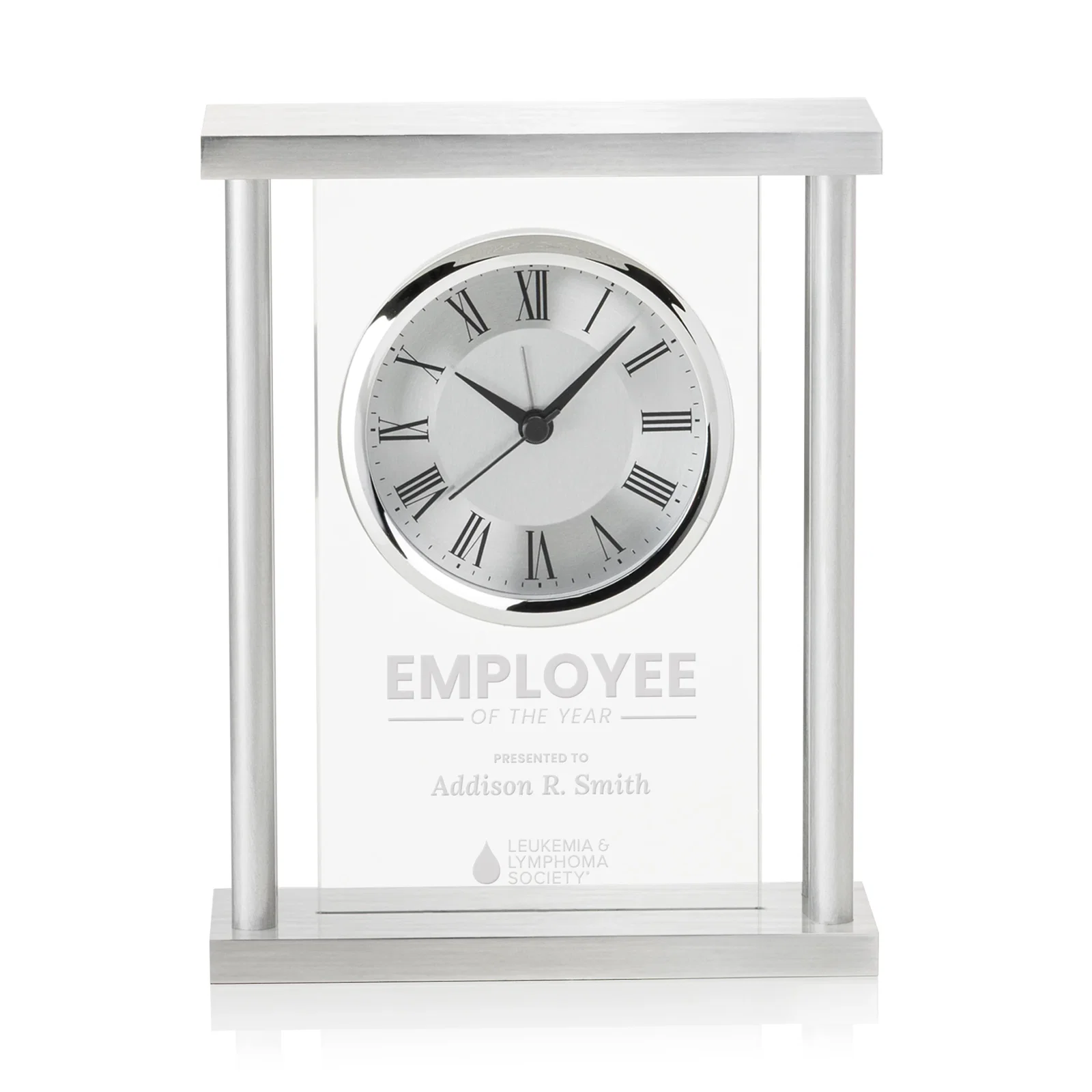 Custom Aluminum Desk Clock with Silver Columns and Roman Numerals for corporate award ceremonies