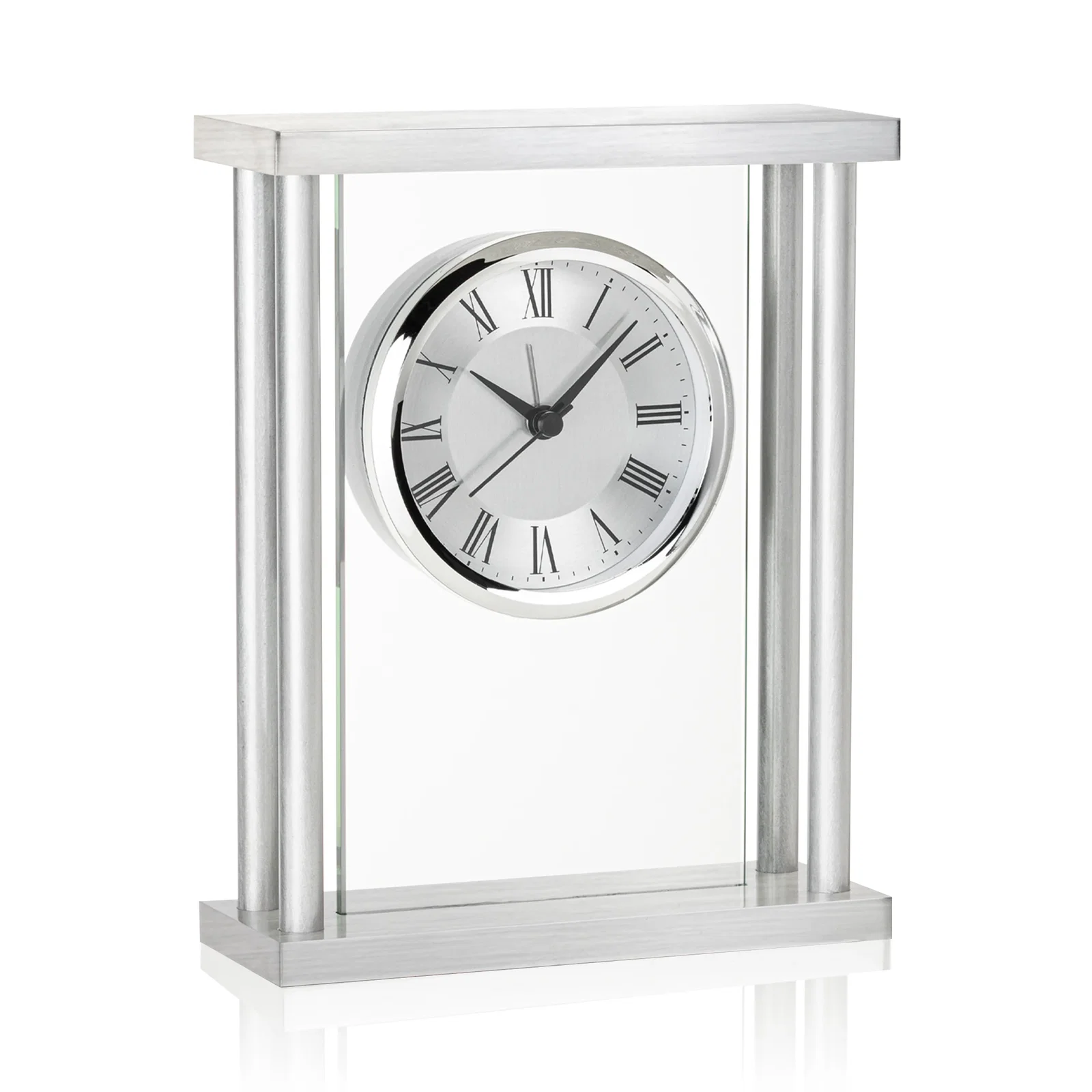 Custom Aluminum Desk Clock with Silver Columns and Roman Numerals for service anniversary gifts