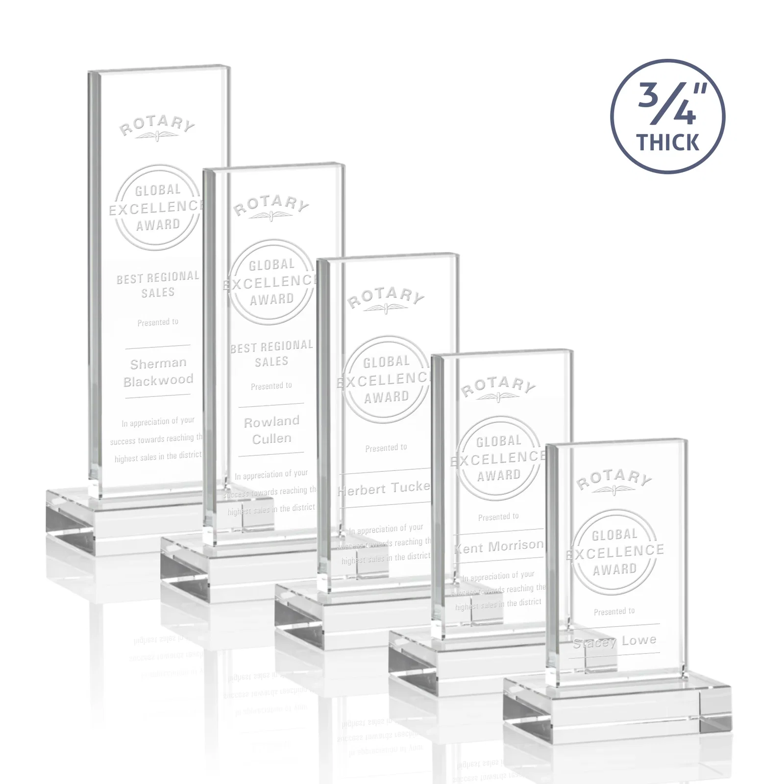 Custom Starfire Crystal Upright Award on 1 Inch Thick Crystal Base, awards for employee recognition