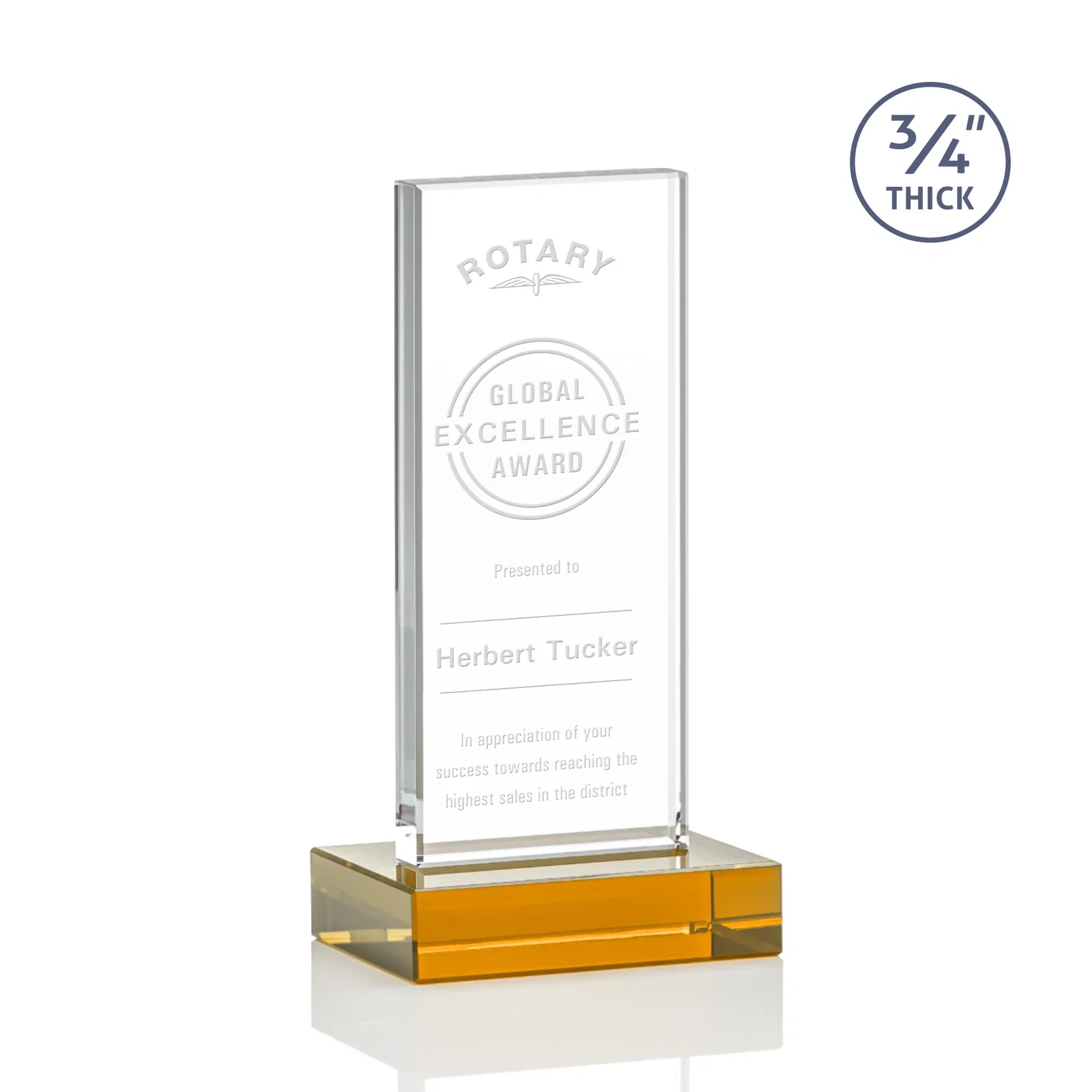 Custom Starfire Crystal Upright Award on 1 Inch Thick Crystal Base, awards for volunteer appreciation