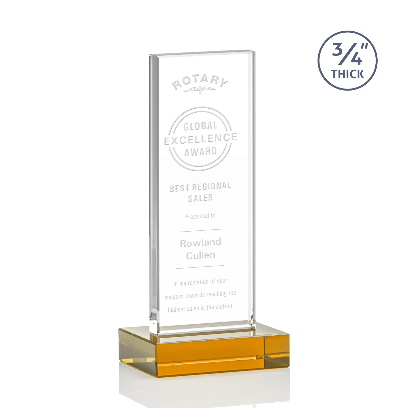 Custom Starfire Crystal Upright Award on 1 Inch Thick Crystal Base, awards for dealer and partner awards