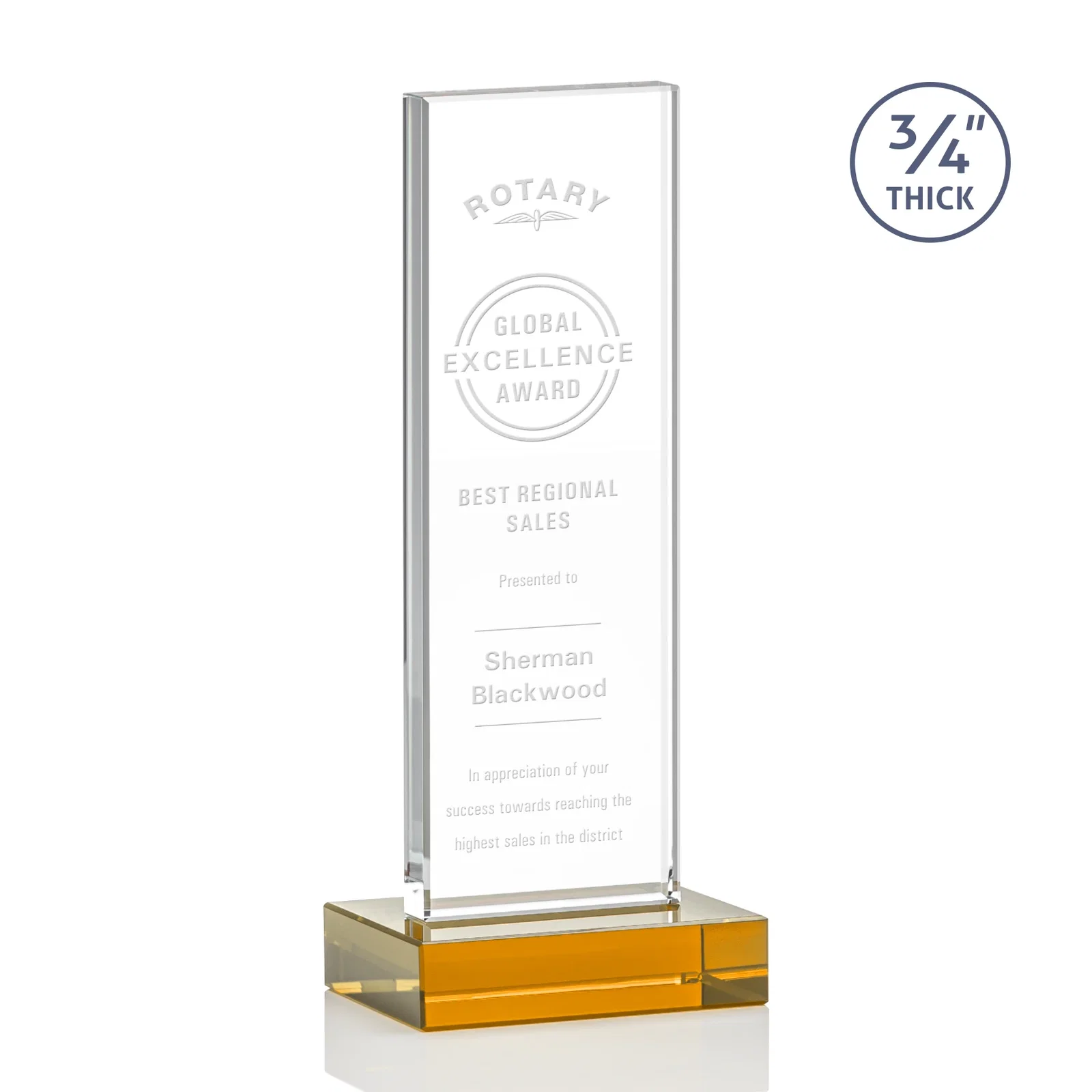Custom Starfire Crystal Upright Award on 1 Inch Thick Crystal Base, awards for company anniversary events