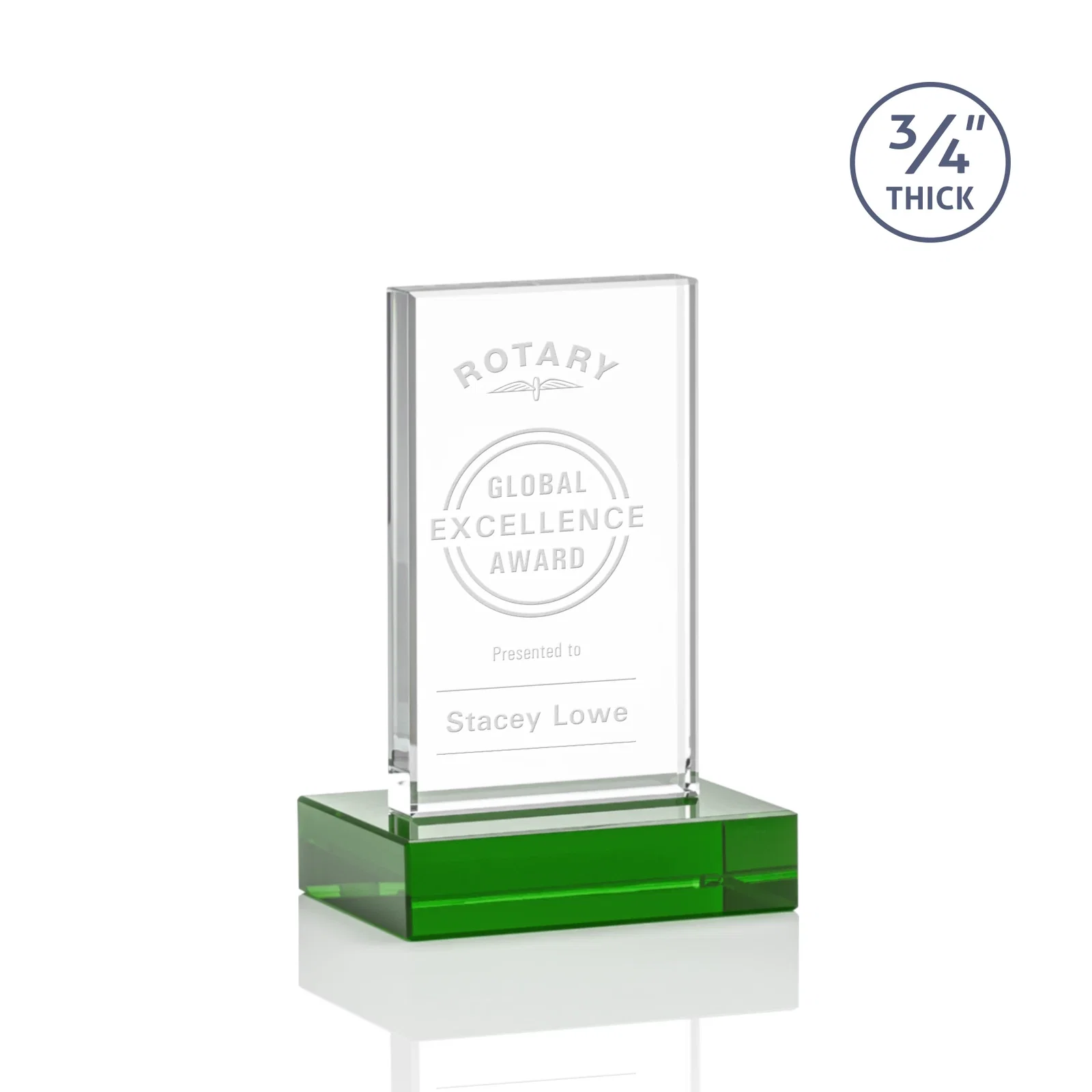 Personalized Starfire Crystal Upright Award on 1 Inch Thick Crystal Base, awards for corporate award ceremonies
