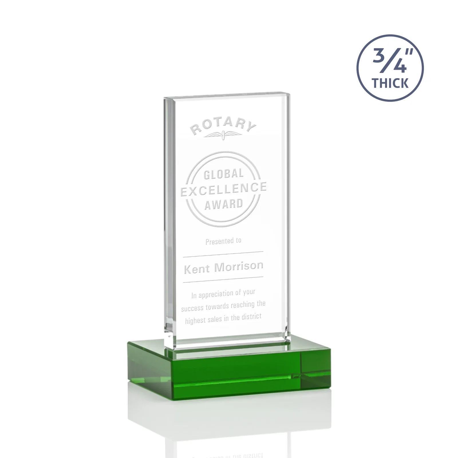 Personalized Starfire Crystal Upright Award on 1 Inch Thick Crystal Base, awards for service anniversary gifts