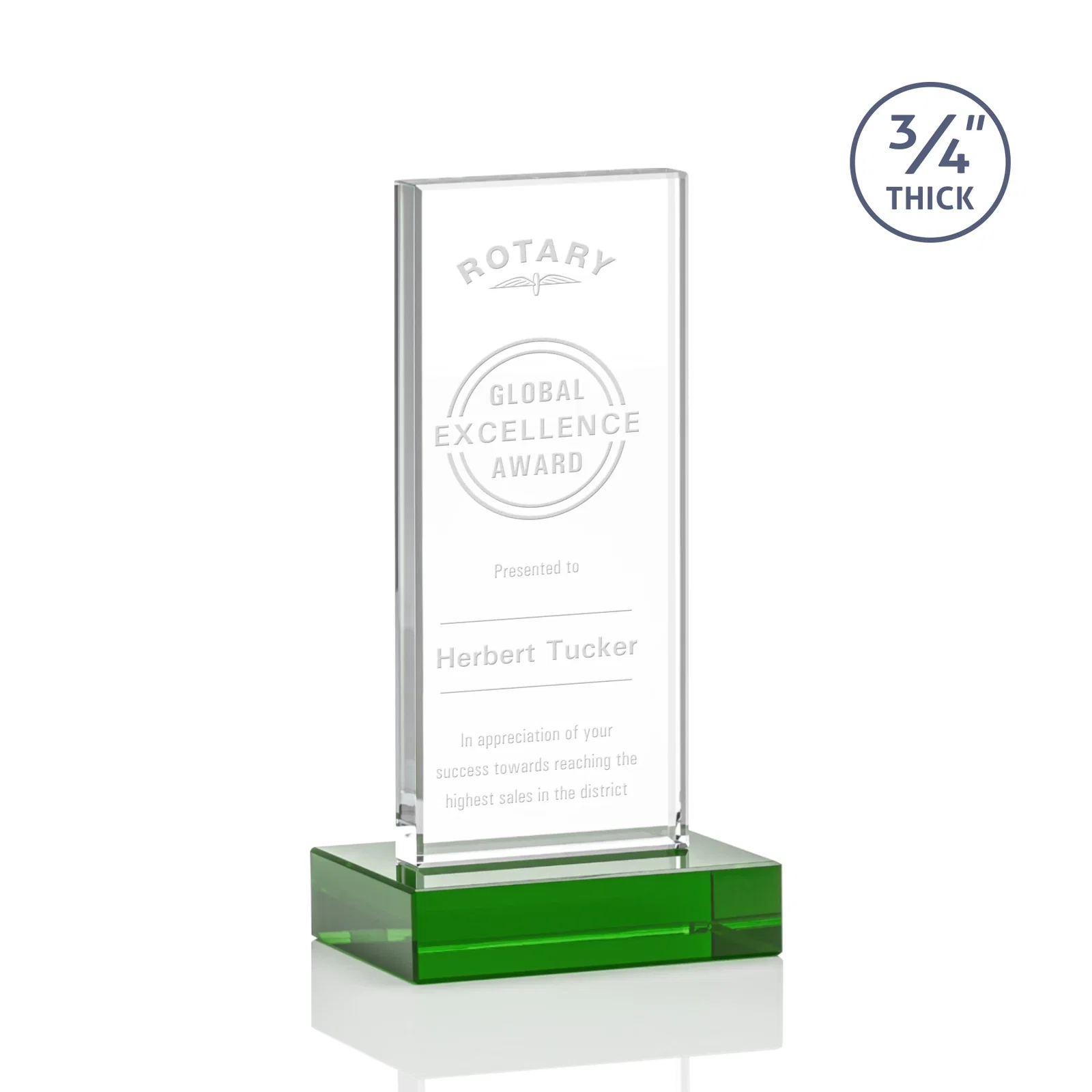 Personalized Starfire Crystal Upright Award on 1 Inch Thick Crystal Base, awards for sales achievement awards
