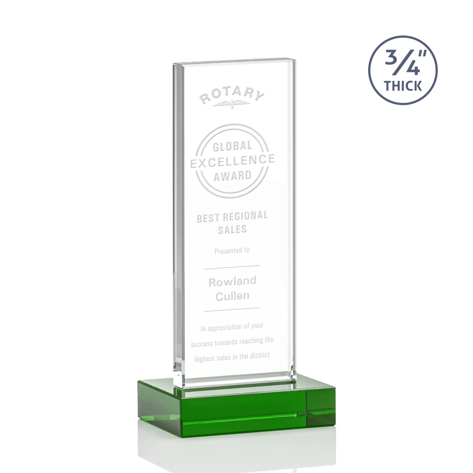 Personalized Starfire Crystal Upright Award on 1 Inch Thick Crystal Base, awards for retirement presentations