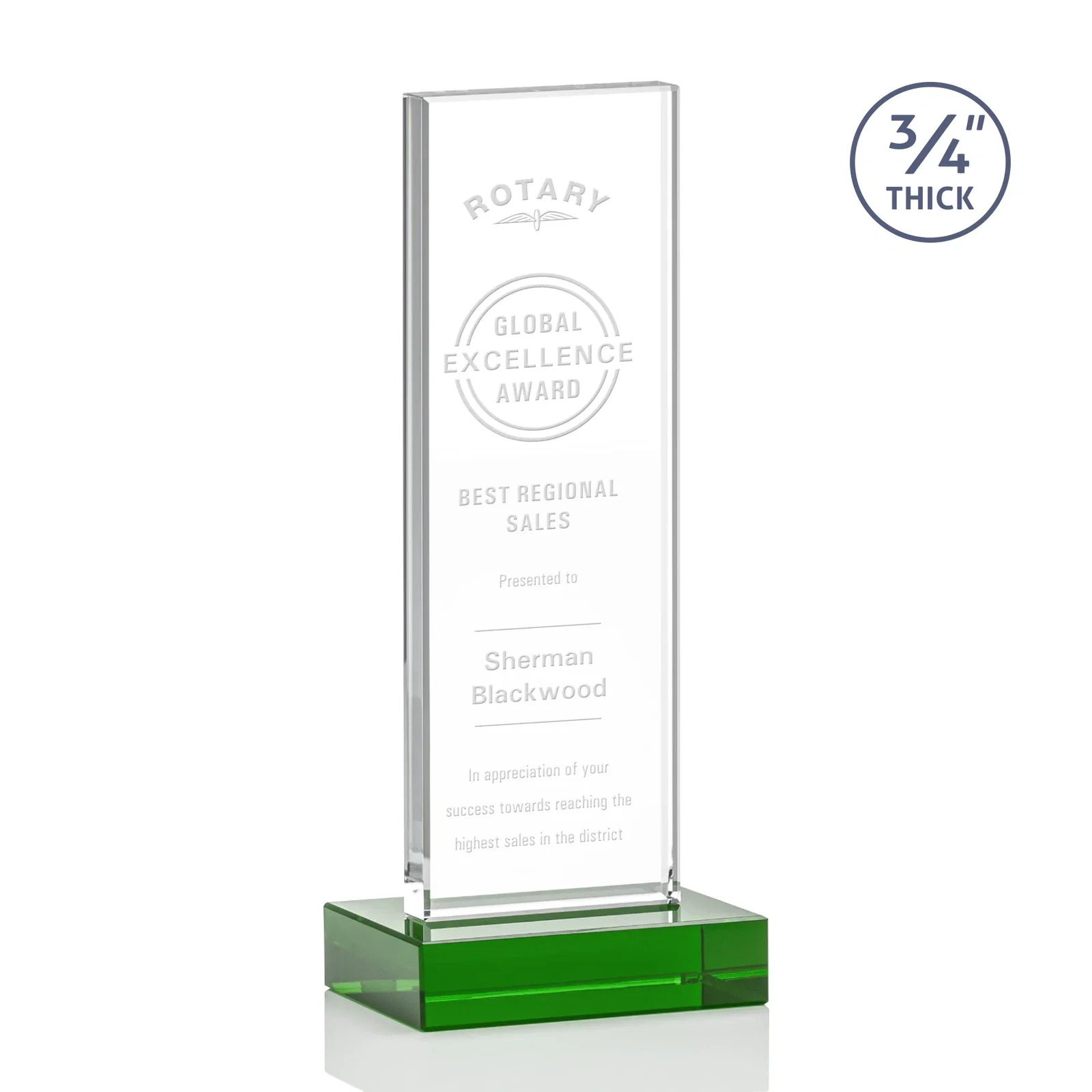 Personalized Starfire Crystal Upright Award on 1 Inch Thick Crystal Base, awards for team milestone celebrations