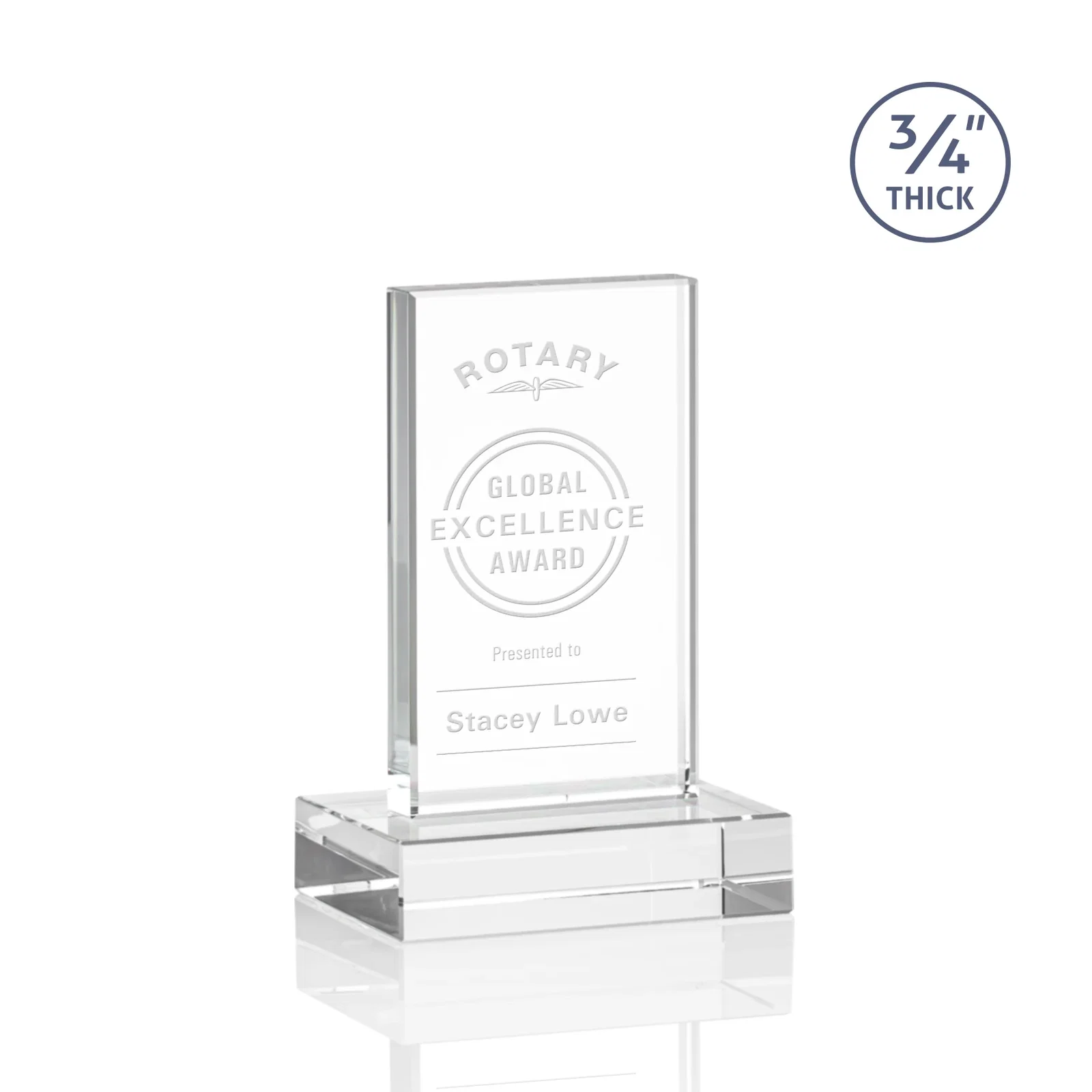 Custom Starfire Crystal Upright Award on 1 Inch Thick Crystal Base, awards for corporate award ceremonies