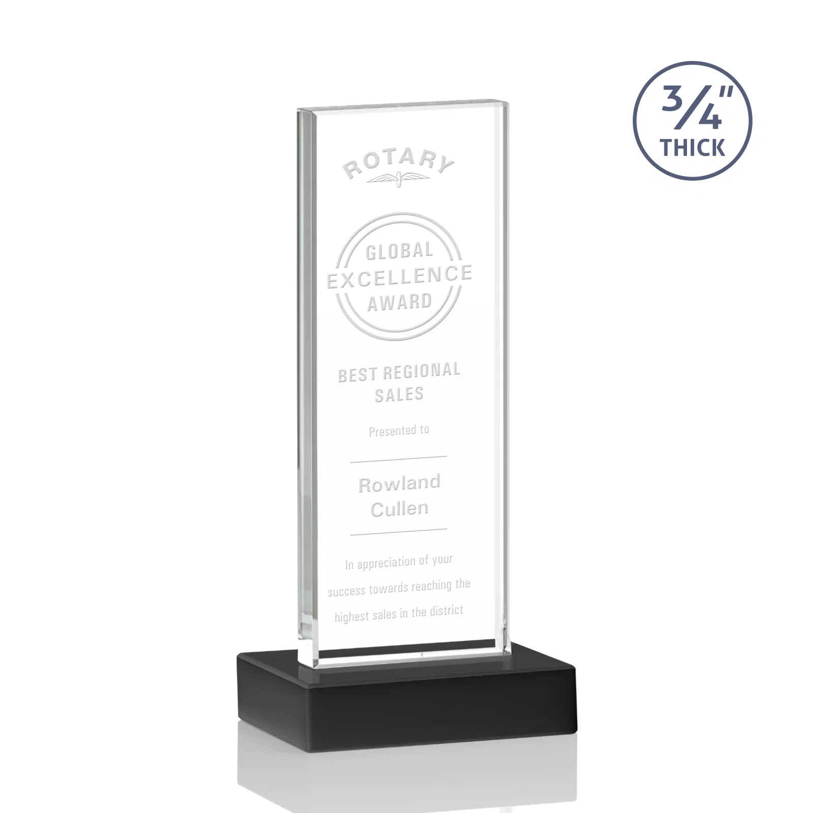 Personalized Starfire Crystal Upright Award on 1 Inch Thick Crystal Base, awards for dealer and partner awards