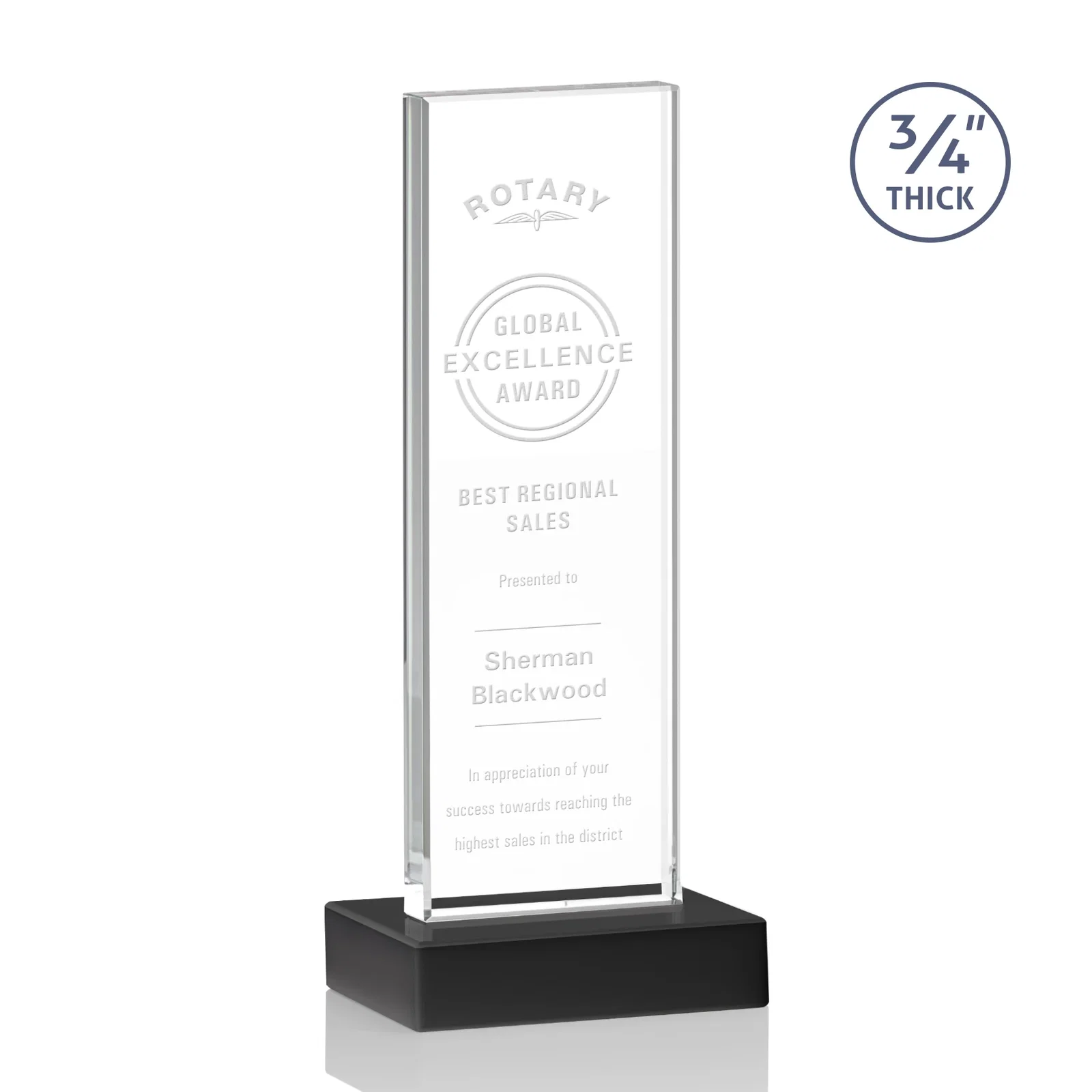Personalized Starfire Crystal Upright Award on 1 Inch Thick Crystal Base, awards for company anniversary events