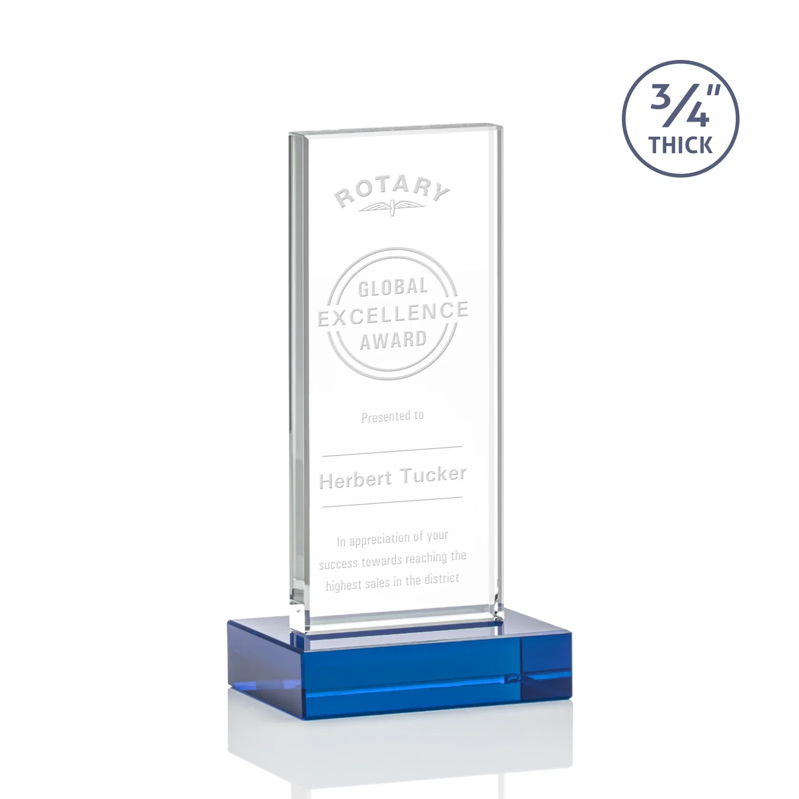 Promotional Starfire Crystal Upright Award on 1 Inch Thick Crystal Base, awards for sales achievement awards