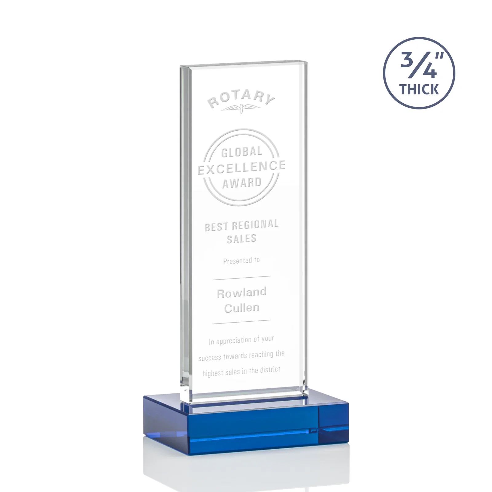 Promotional Starfire Crystal Upright Award on 1 Inch Thick Crystal Base, awards for retirement presentations