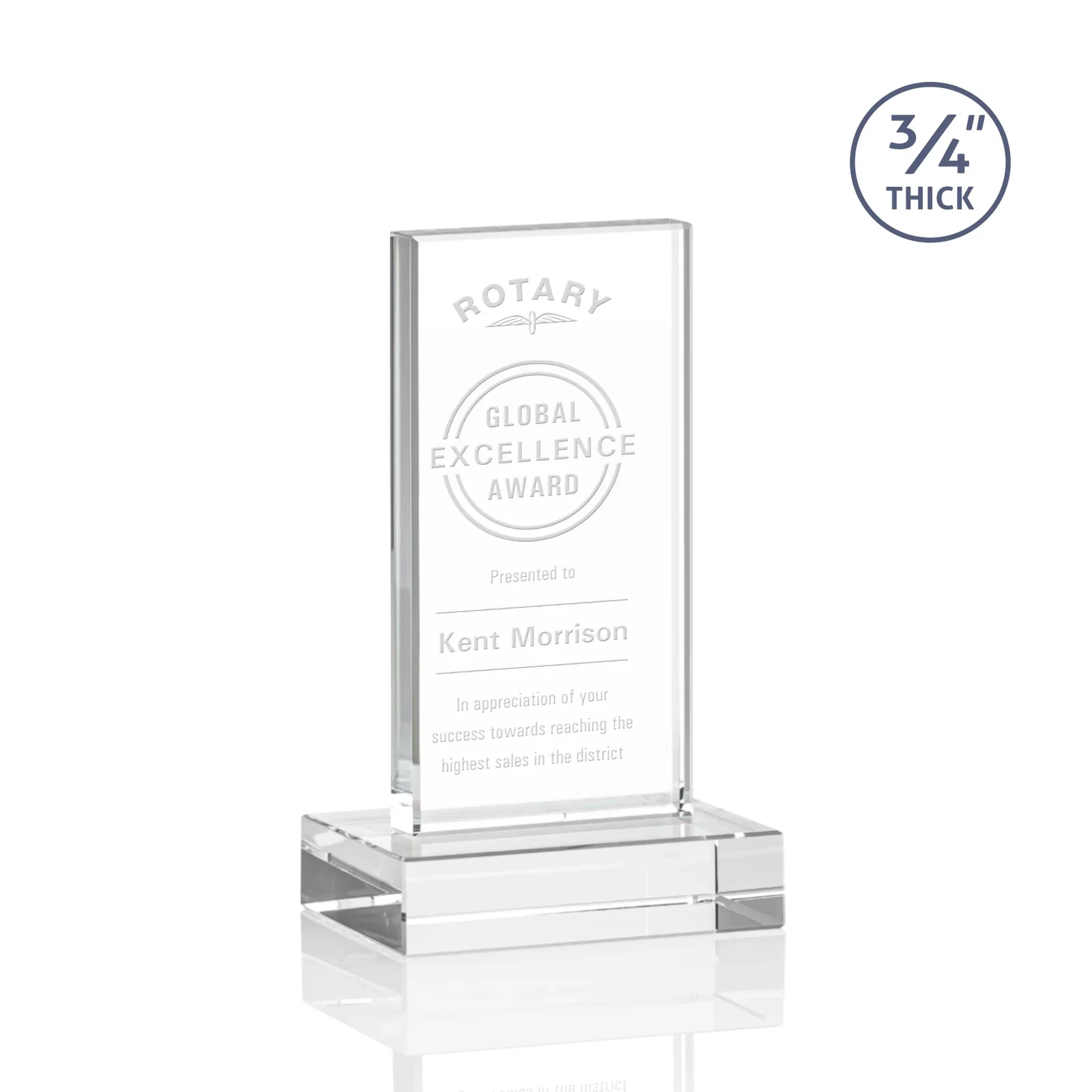 Custom Starfire Crystal Upright Award on 1 Inch Thick Crystal Base, awards for service anniversary gifts