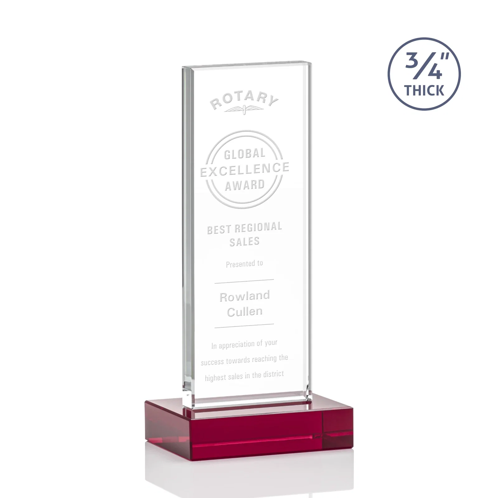 Promotional Starfire Crystal Upright Award on 1 Inch Thick Crystal Base, awards for dealer and partner awards